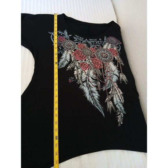 Womans Top Pullover Black Dream Catcher Feathers Rhinestones 1X Goth Rock Moto - Picture 8 of 12